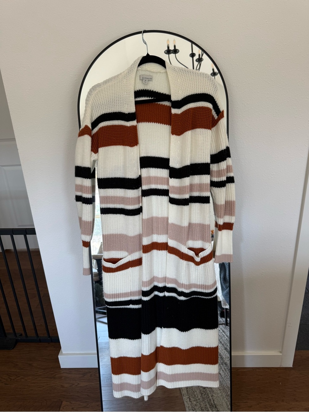 Allison Joy Long Striped Open-Front Cardigan - Ivory, Rust & Black